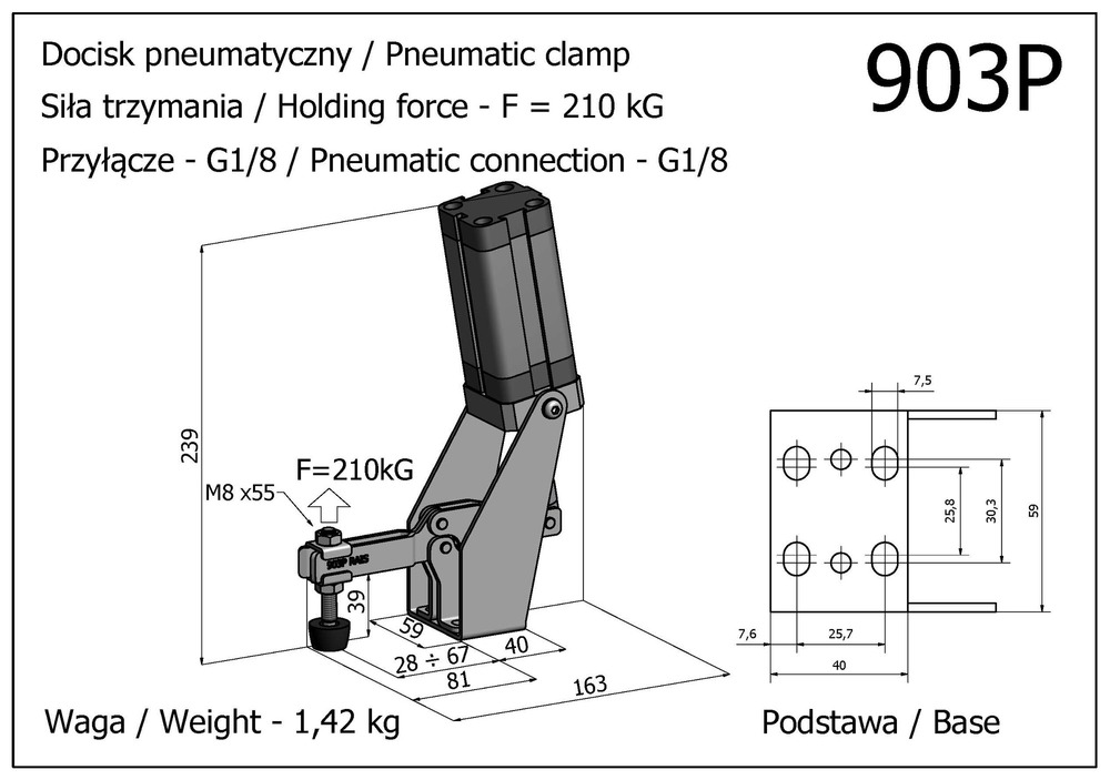 Docisk szybkomocujący pneumatyczny, poziomy, z siłownikiem usytuowanym w pionie