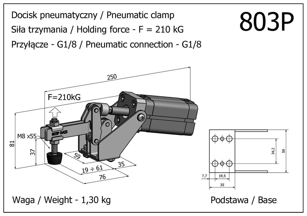 Docisk szybkomocujący pneumatyczny, pionowy, z siłownikiem usytuowanym w poziomie