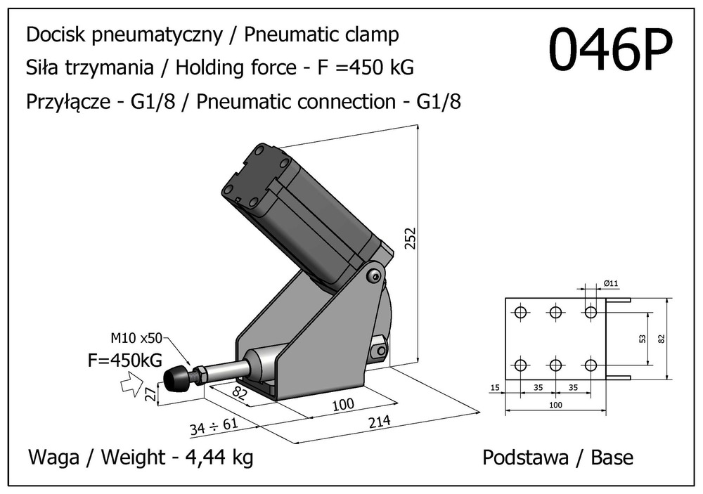 Docisk szybkomocujący pneumatyczny, pchający, z siłownikiem usytuowanym w pionie