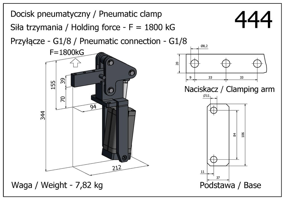 Docisk szybkomocujący pneumatyczny mocny, pionowy, z siłownikiem usytuowanym w pionie