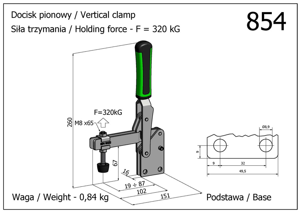 Docisk szybkomocujący pionowy z podstawą w pionie, prostą