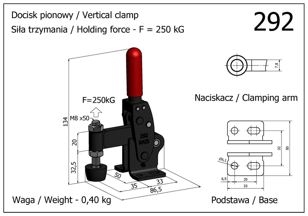 Docisk szybkomocujący pionowy z podstawą w poziomie - mocny - kompletny