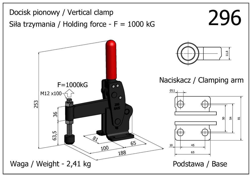 Docisk szybkomocujący pionowy z podstawą w poziomie - mocny - kompletny