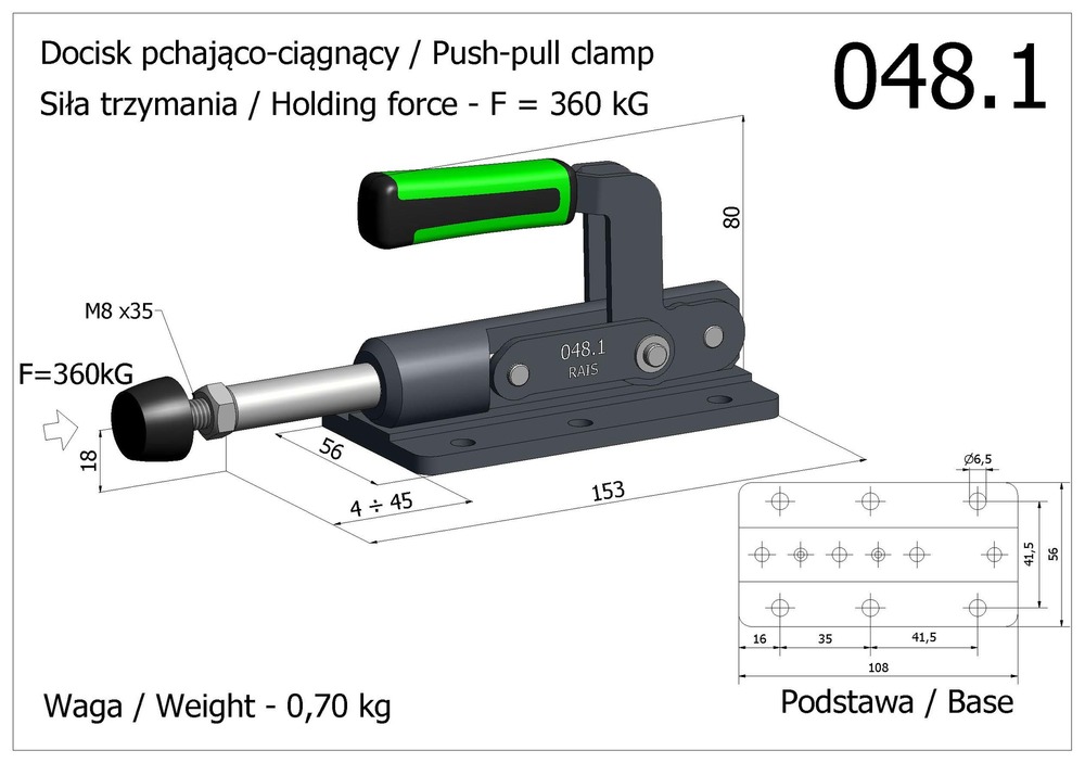 Docisk szybkomocujący pchająco-ciągnący wzmocniony z podstawą niską