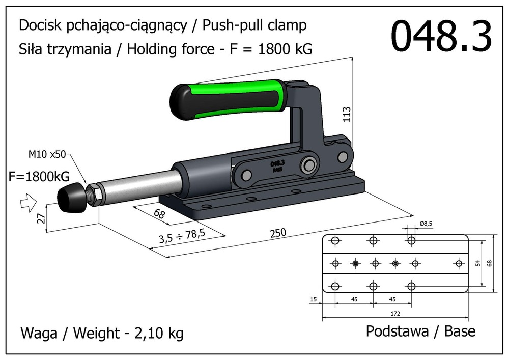 Docisk szybkomocujący pchająco-ciągnący wzmocniony z podstawą niską