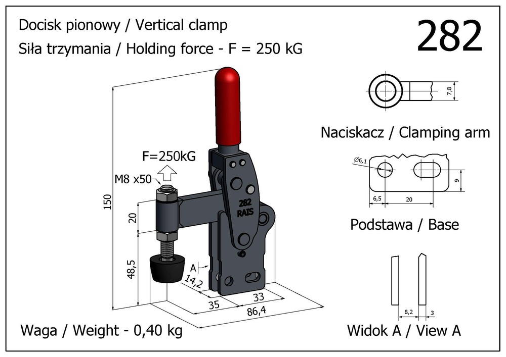 Docisk szybkomocujący pionowy z podstawą w pionową - mocny - kompletny