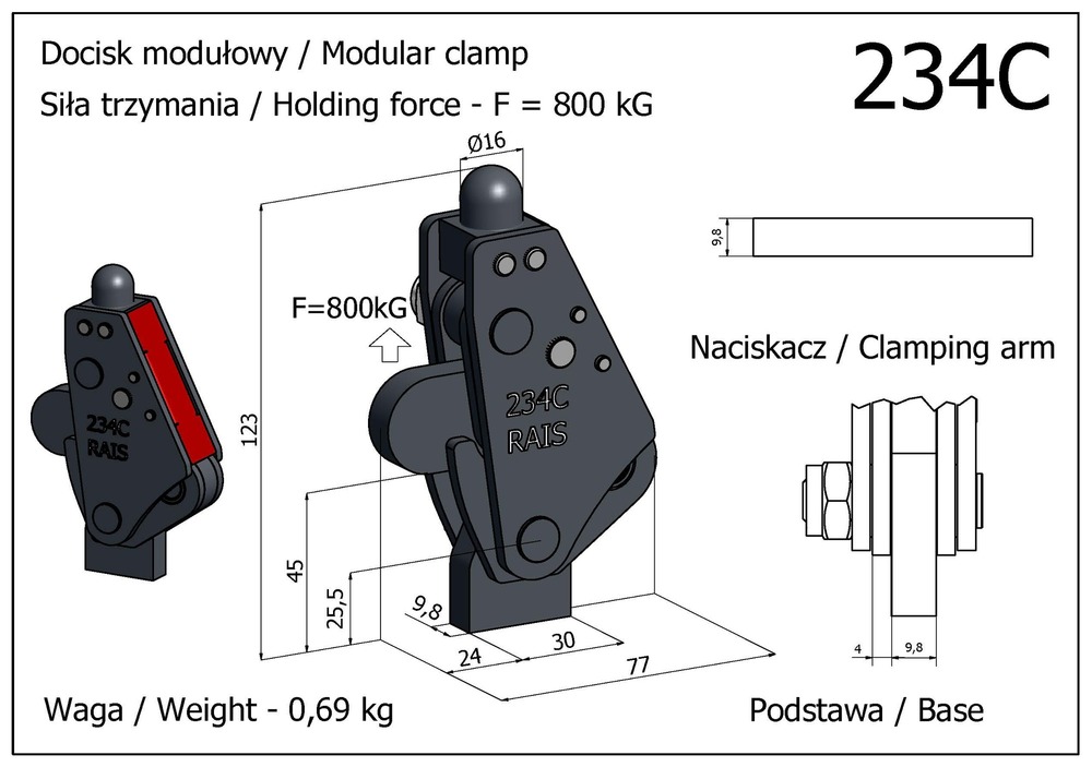 Docisk szybkomocujący pionowy modułowy - mocny z podstawą niską, wahadłową i osłoną