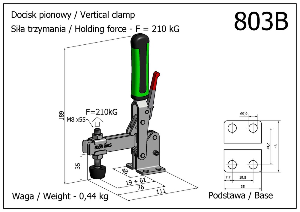 Docisk szybkomocujący pionowy z podstawą poziomą i dodatkowym zabezpieczeniem