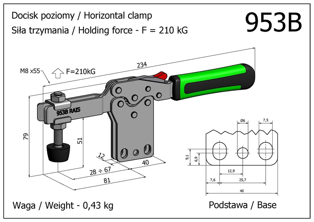 Docisk szybkomocujący poziomy z podstawą pionową i dodatkowym zabezpieczeniem