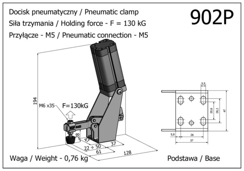 Docisk szybkomocujący pneumatyczny, poziomy, z siłownikiem usytuowanym w pionie