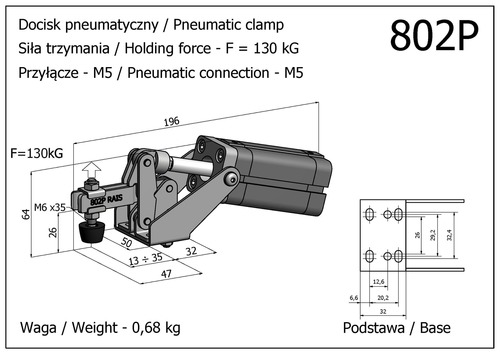 Docisk szybkomocujący pneumatyczny, pionowy, z siłownikiem usytuowanym w poziomie