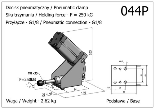 Docisk szybkomocujący pneumatyczny, pchający, z siłownikiem usytuowanym w pionie