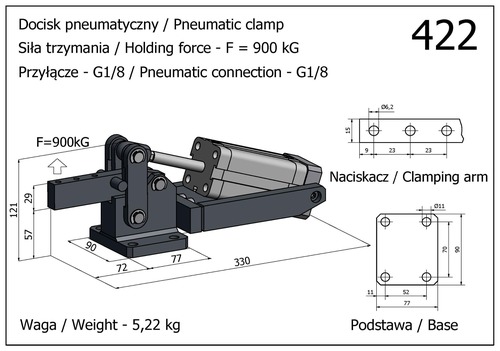 Docisk szybkomocujący pneumatyczny mocny, pionowy, z siłownikiem usytuowanym w poziomie