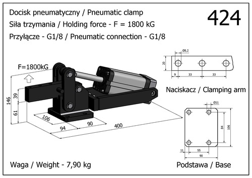 Docisk szybkomocujący pneumatyczny mocny, pionowy, z siłownikiem usytuowanym w poziomie