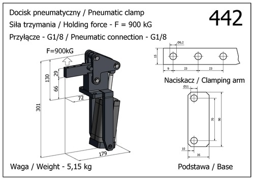 Docisk szybkomocujący pneumatyczny mocny, pionowy, z siłownikiem usytuowanym w pionie