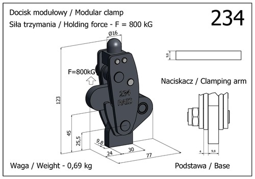 Docisk szybkomocujący pionowy modułowy - mocny z podstawą niską, wahadłową