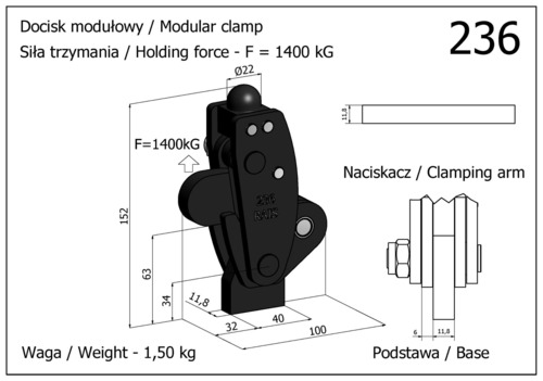 Docisk szybkomocujący pionowy modułowy - mocny z podstawą niską, wahadłową