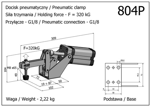 Docisk szybkomocujący pneumatyczny, pionowy, z siłownikiem usytuowanym w poziomie