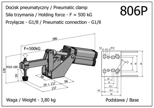 Docisk szybkomocujący pneumatyczny, pionowy, z siłownikiem usytuowanym w poziomie