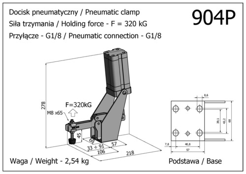 Docisk szybkomocujący pneumatyczny, poziomy, z siłownikiem usytuowanym w pionie