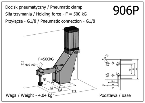 Docisk szybkomocujący pneumatyczny, poziomy, z siłownikiem usytuowanym w pionie