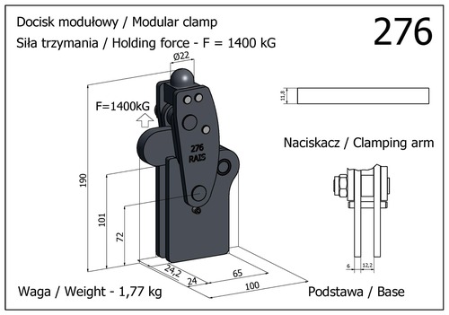Docisk szybkomocujący pionowy modułowy - mocny z podstawą prostą