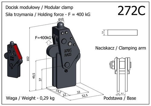 Docisk szybkomocujący pionowy modułowy - mocny z podstawą prostą i osłoną