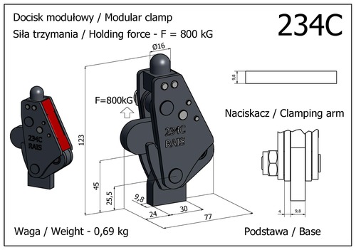 Docisk szybkomocujący pionowy modułowy - mocny z podstawą niską, wahadłową i osłoną