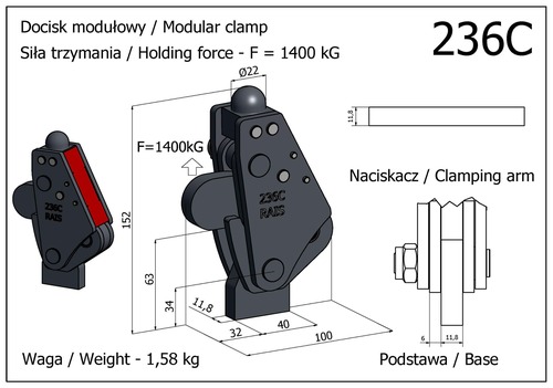 Docisk szybkomocujący pionowy modułowy - mocny z podstawą niską, wahadłową i osłoną